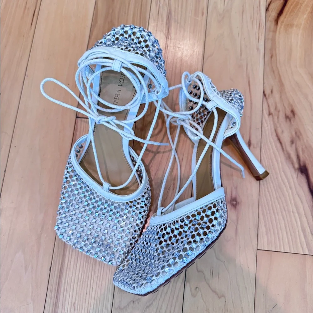 Bottega Veneta White Crystal Mesh Lace-Up Heels